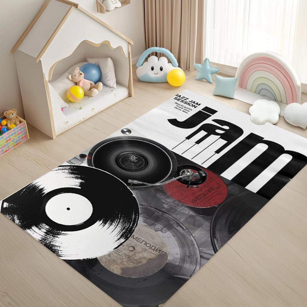 Vintage Musik-Schallplattenmuster Teppichmatte Teppich Retro Schwarz-Weiß Design Rutschfest Heimdekoration für Wohnzimmer Schlafzimmer