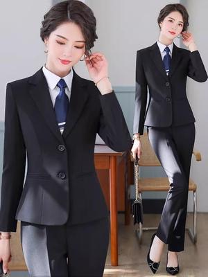 Women's Formal Black Suit Set for Spring and Autumn - Professional Workwear with Jacket for Hotel Receptionists