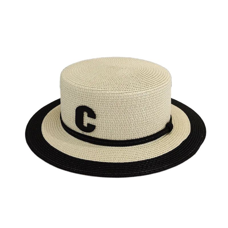 Straw Flat Top Top Hat Women's Summer  Retro Beach Vacation Sun Protection Straw Sun Hat Luxury Brand Panama Cap Wholesale
