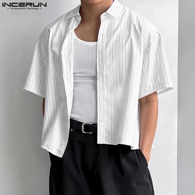 Oversized Summer Men Turn-down Collar Short Sleeve Striped Buttons Casual Shirts