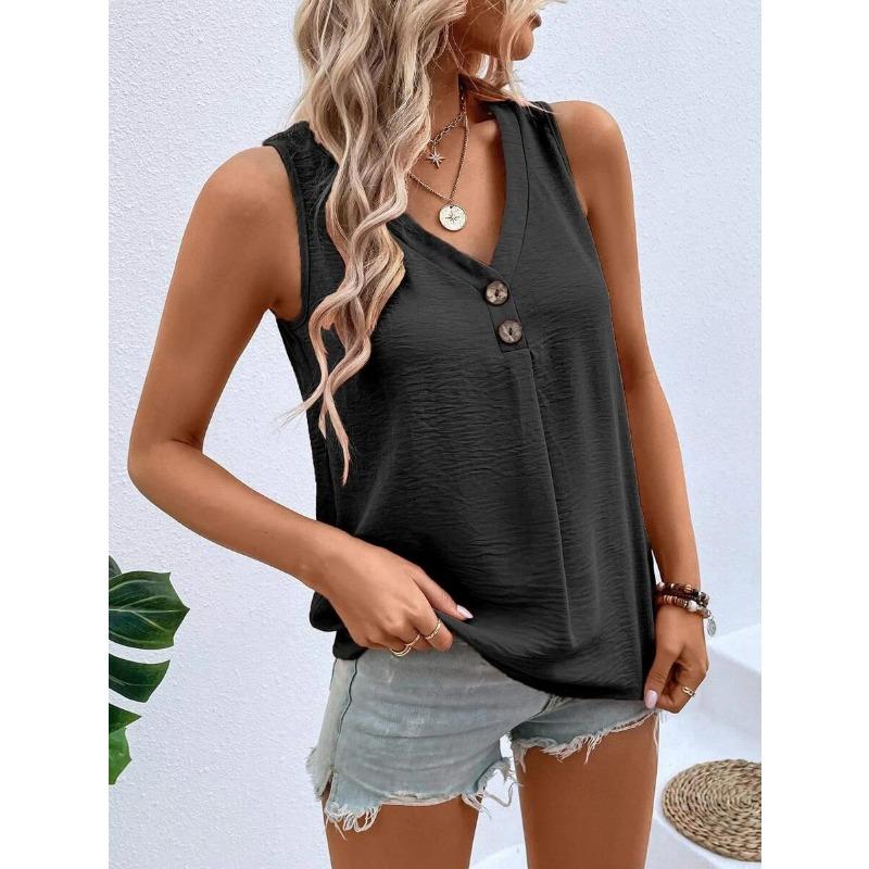 Summer New Women's V-neck Button-down Sleeveless Vest Solid Color Loose Casual T-shirt Top