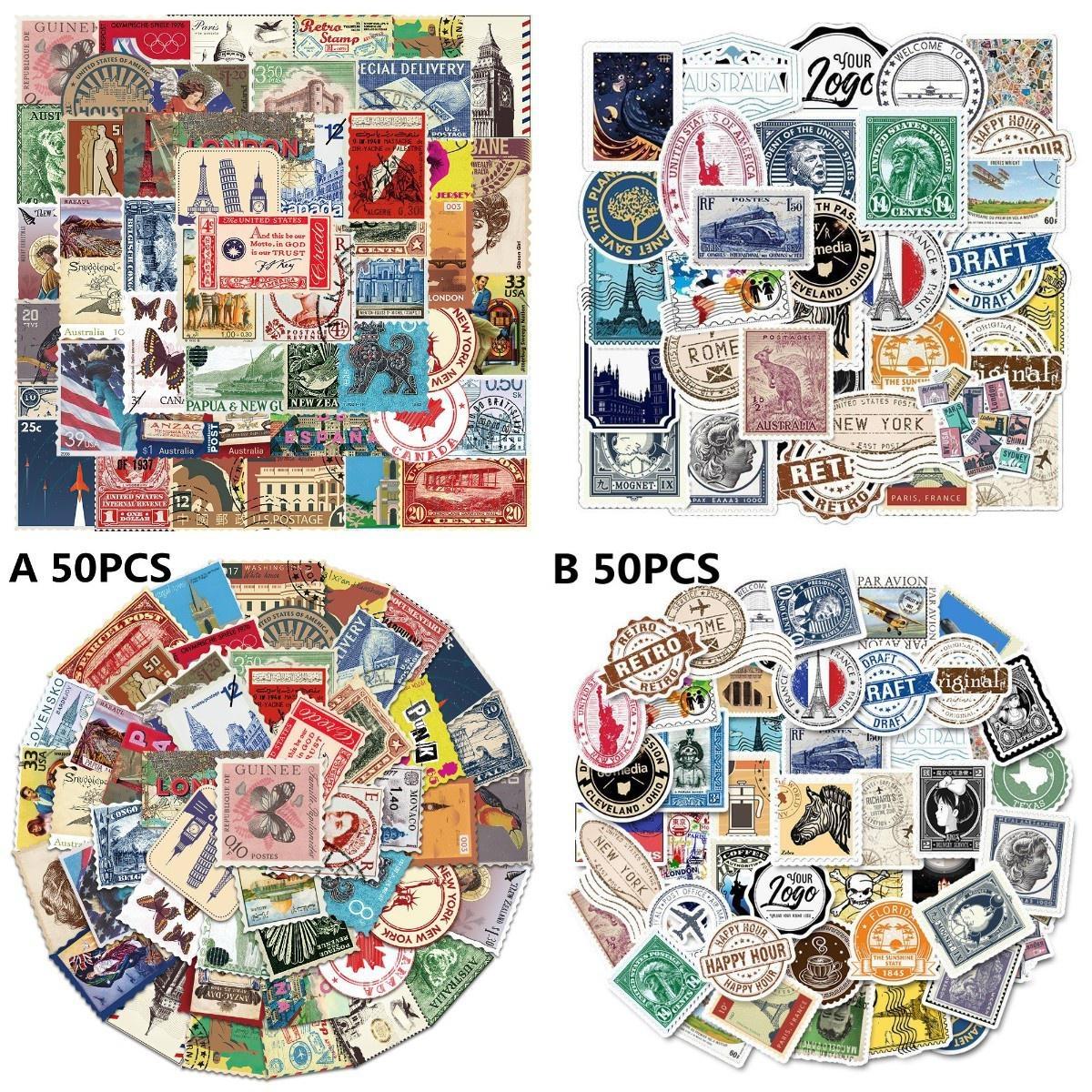 2Style10/50Pcs Retro Travel Stamp Stickers Postmark Postage Graffiti Stickers for DIY Luggage Laptop Skateboard Motorcycle Bicycle Stickers 10pcs