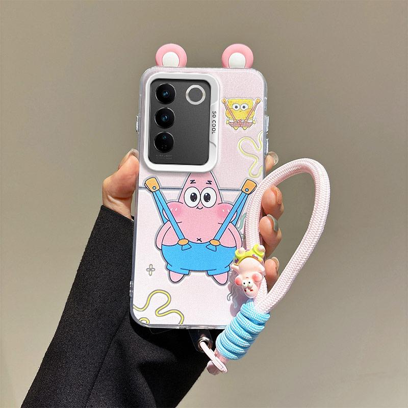 KEYSION Cute Ear Cartoon Case for VIVO Y100 5G with Lanyard Soft Silicone+PC Shockproof Phone Back Cover for VIVO Y100