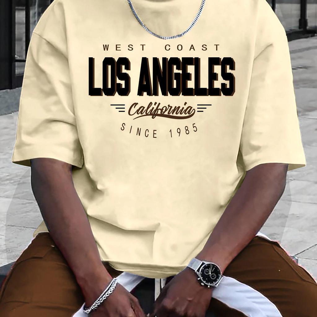 Cotton Summer Men's 100% Cotton Comfortable Casual Loose Plus Size LOS ANGELES Printed Sports Round Neck Short Sleeved T-shirt Top