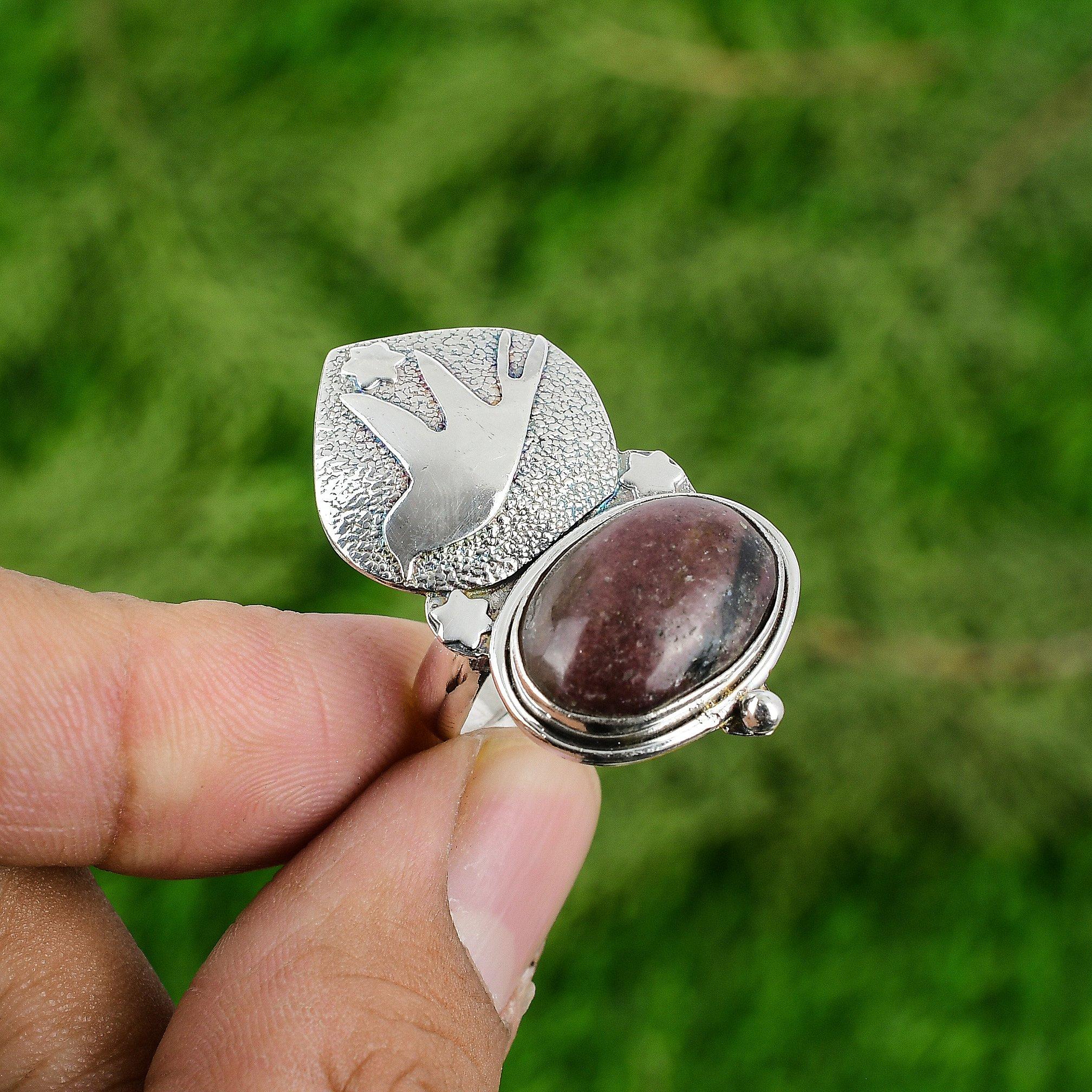 

Womens day Deal Oval Rhodonite Stone Sterling Silver Solitaire Bird Bezel Ring Adjustable