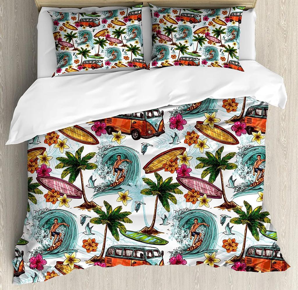 Surf Bedding Set For Bedroom Bed Home Hippie Classic Old Bus with Surfboard Freedom Holida Duvet Cover Quilt Cover Pillowcase