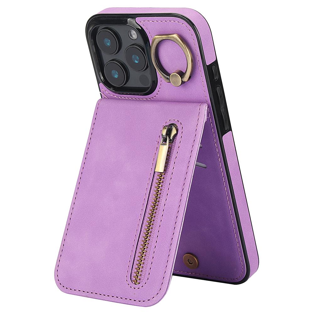 

For iPhone 16 Pro Case RFID Blocking Ring Kickstand Retro Leather+TPU Anti-Fall Phone Cover E