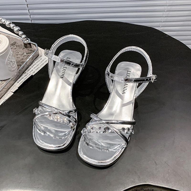 Open-toed rhinestone sandals summer new fashion thick heel square head one-button versatile women's shoes