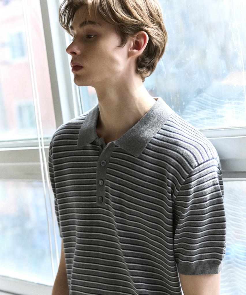 DRAW FIT Repose Striped Polo Knit [Melange Grey]