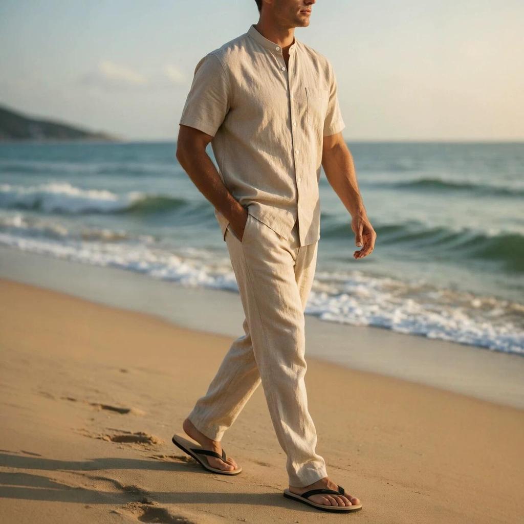 Men’s European Size Linen Summer Sportswear Set: Short-Sleeve Shirt & Pants
