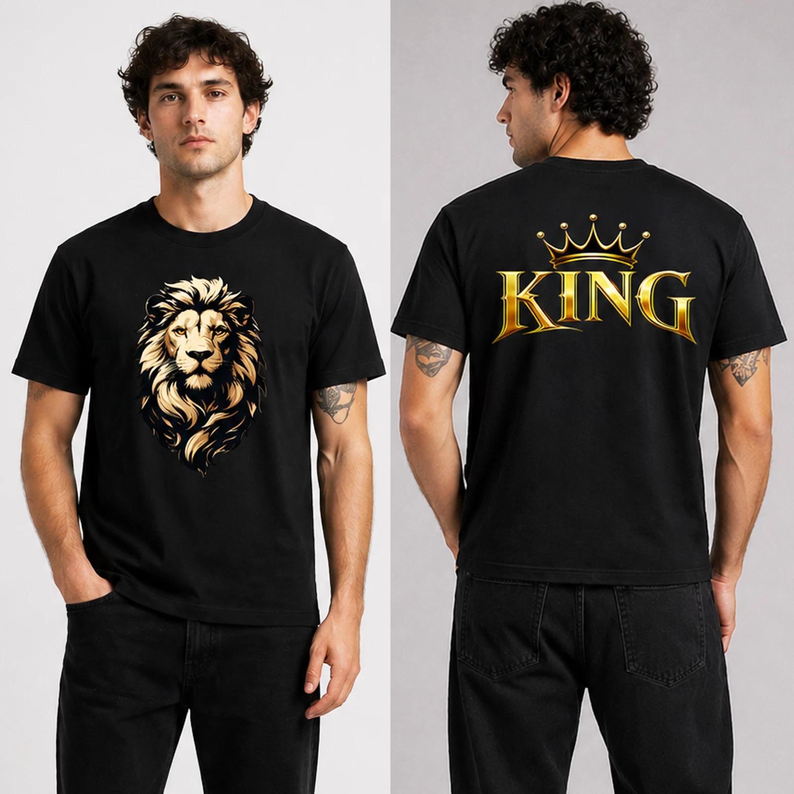 Men’s Lion Graphic Regular Fit Cotton T-Shirt King Crown Print Black Streetwear M