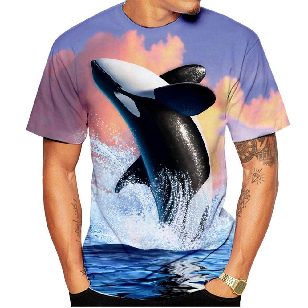 Nowa Letnia Koszulka z Kreskówkowym Nadrukiem 3D Wieloryba Zwierzęcia Morskiego Męska Damska z Okrągłym Dekoltem Krótki Rękaw Oversize Harajuku T-shirty Topy Odzież Dziecięca