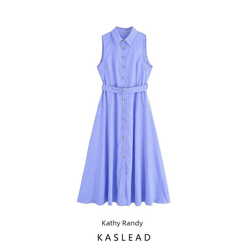 Kaslead New Women Clothes Western Style Fashion Simple Sleeveless Blue Stripe Shirts Dress