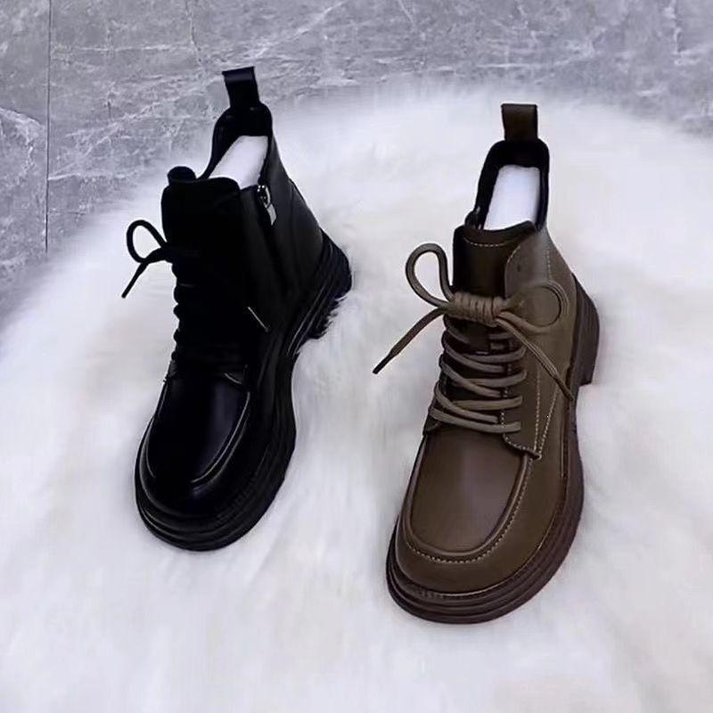 Retro British Martin Boots Women's Autumn and Winter New Thick-soled Lace-up Velvet Thermal Short Boots