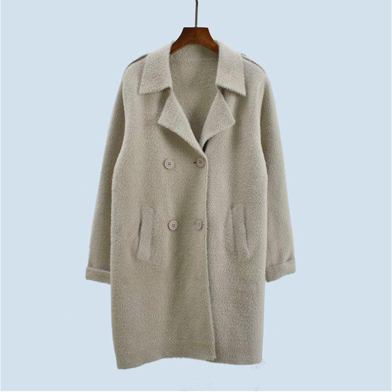 

Lapel Double Breasted Long Sleeves Loose and Lazy Style Mid-Length Coat Thickened Heattech Female Knitting Sweater Imitation Mink Rice Gray All yards