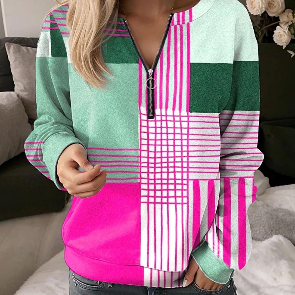 Checkered Splicing European and American New Women's Printed V-neck Semi-zipper Long-sleeved Pullover Loose Sweatshirt