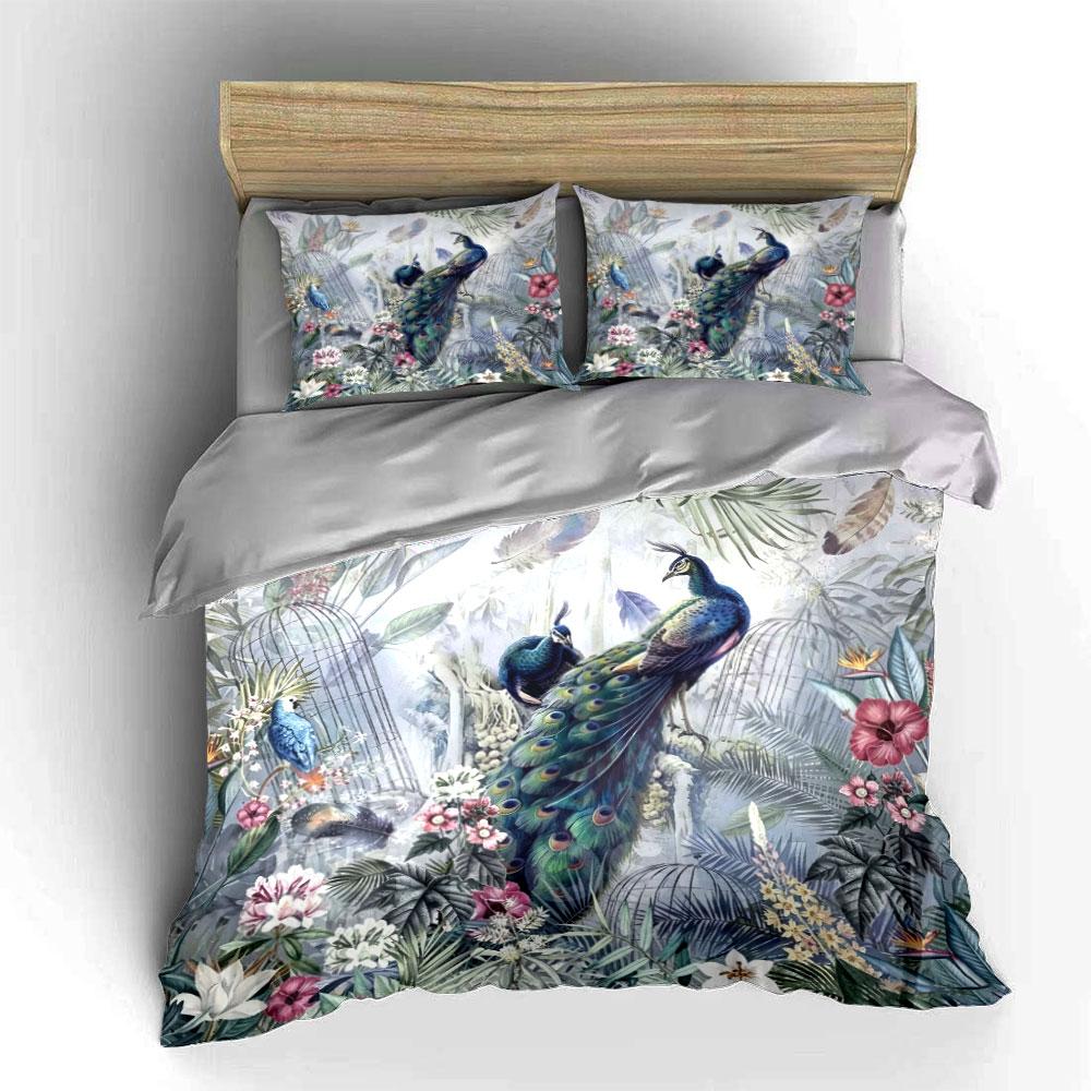 Watercolor Tropical Peacock Bird Cage Palm Floral Bedding Set 3pcsExotic Jungle Peony Leaf Print 1 Duvet Cover And 2 Pillowcase