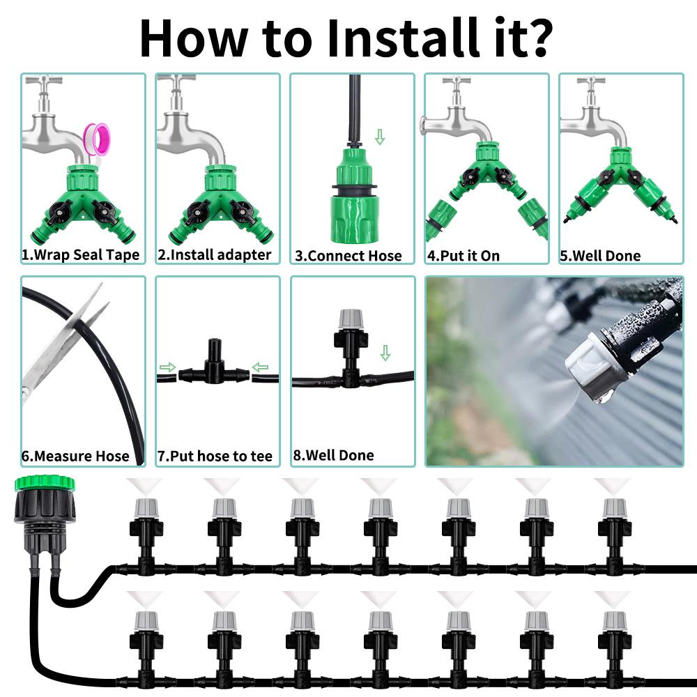 10-20M Garden Misting Fog Nozzle Spray Head w/ 4/7mm Tee Connector for Patio Lawn Automatic Plant Watering System