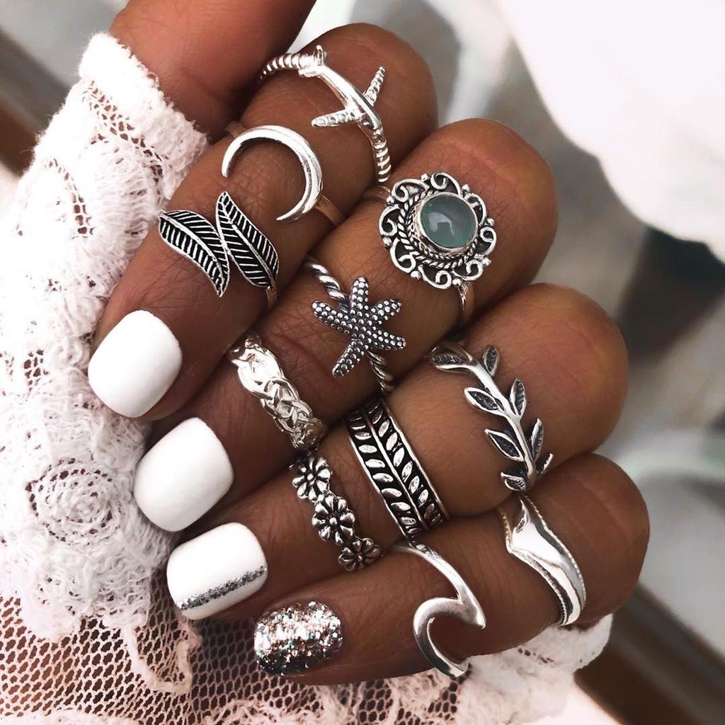 Fashion Women Bohemian Carved Unique Knuckle Rings Set 11 In 1