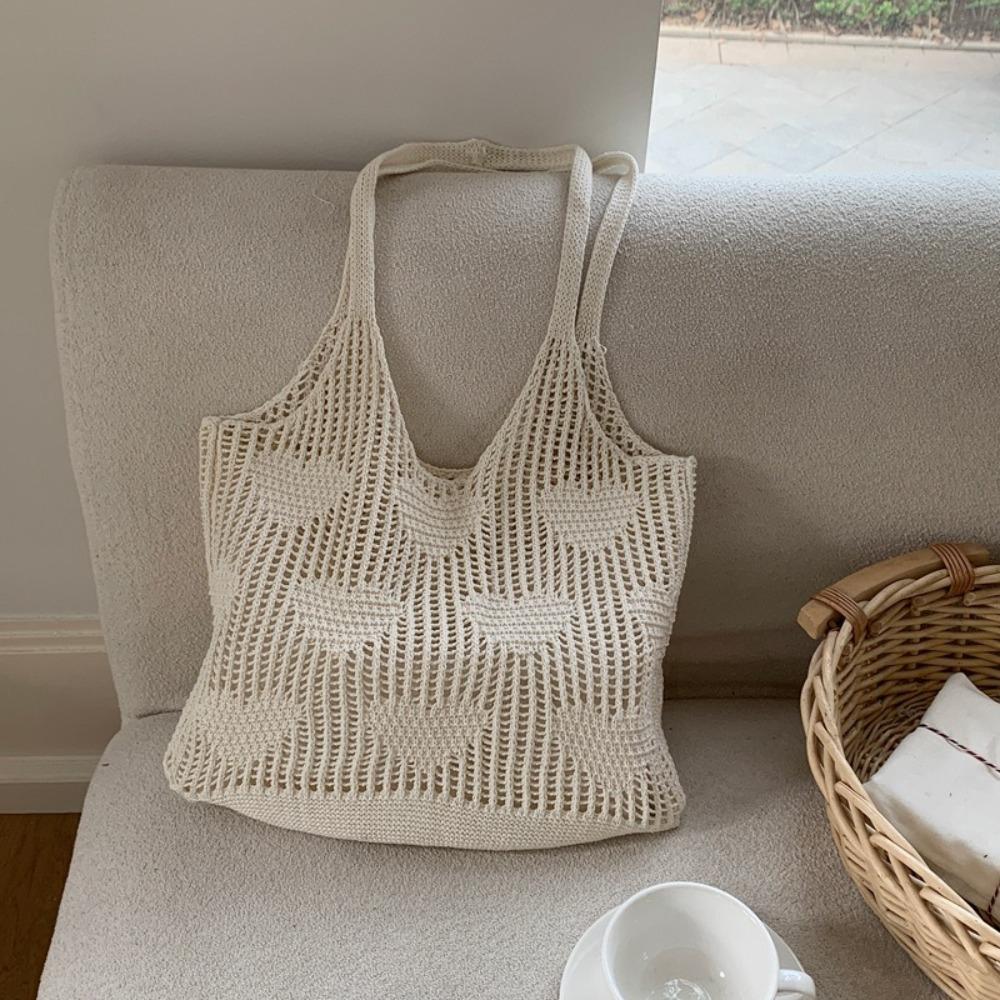 Bohemian Style Knitted Shoulder Bag Hollow Out Reusable Grocery Bag Woven Shopping Bag  Summer
