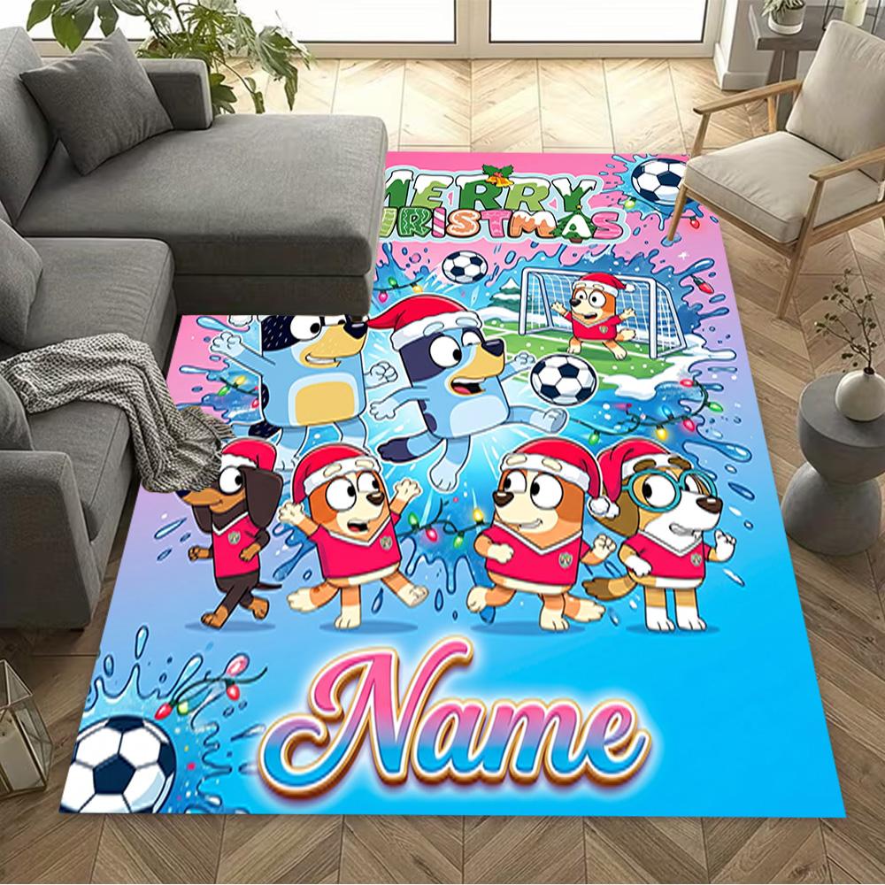 Bluey Soccer Adventure Personalized Text Floor Mat Perfect for Entryway Outdoor Playrooms Dining Room Antislip Carpet Decorate Offices