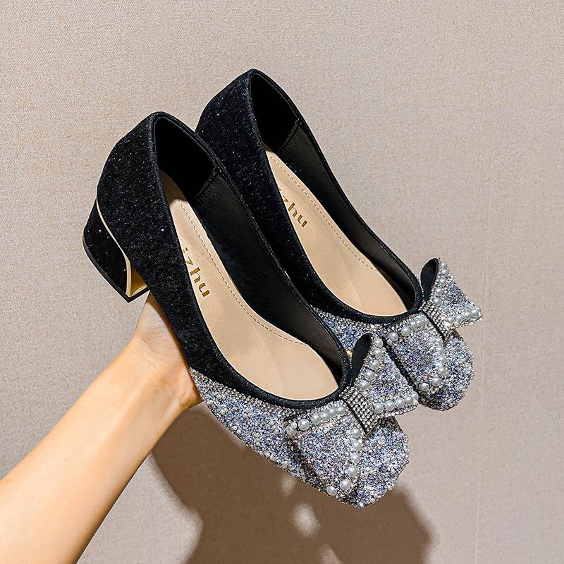 

Size 35-43 Women Wedding Pumps Med Heel Square Toe Office Lady Shoes Pearls Diamonds Bowknot Decoration Party Shoes 43