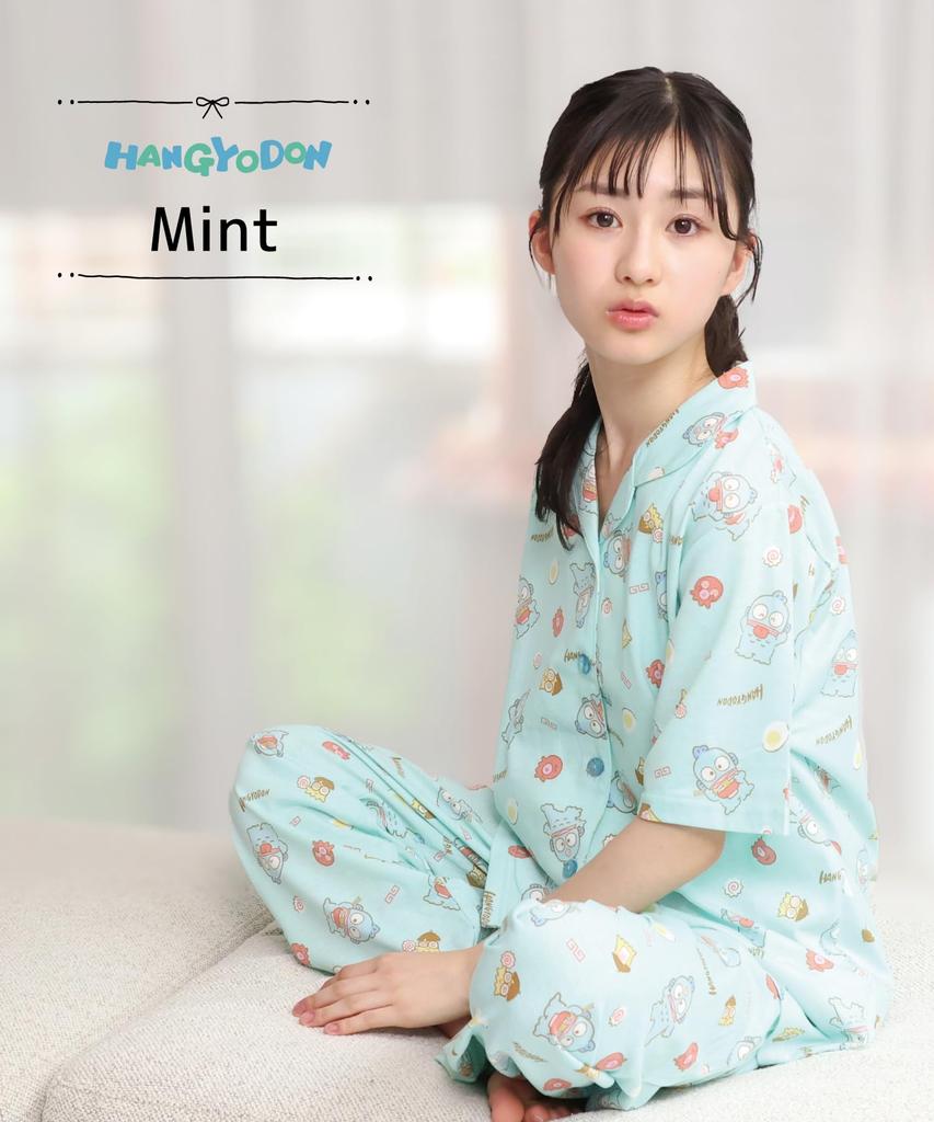 SAZAC Hangyodon Cotton Jersey Pajama Set with Short Sleeves and Pants Women's (Mint/Medium/SAN1807)