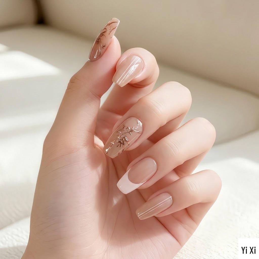 30-Piece Light Luxury Gold Foil Cat Eye Wearable Nails - Chinese Style Ice Transparent Pre-made Nail Tips
