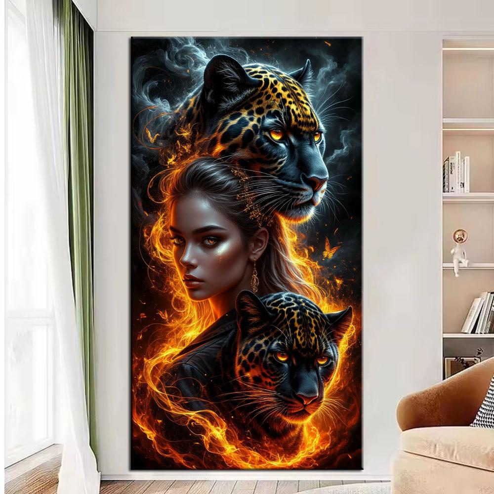 

Fantasy Girl and Leopard Picture DIY Diamond Painting Cross Stitch Full Drills Diamond Mosaic New Collection Home Decor round 30x60cm червоний