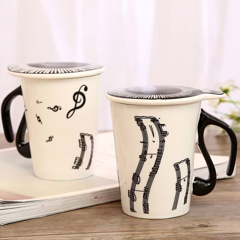 Creative Ceramic Mug, with Cup Lid Coffee Mugs, Piano Musical Note Tea Cup, Travel Cups Breakfast Milk Cup, Water Bottle Gift