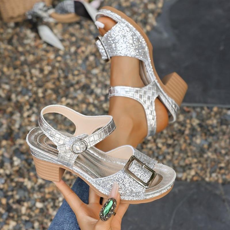 

Новые женские сандалии большого размера на толстом каблуке, туфли и шлепанцы с одной перемычкой и открытым носком 43 серебряный
