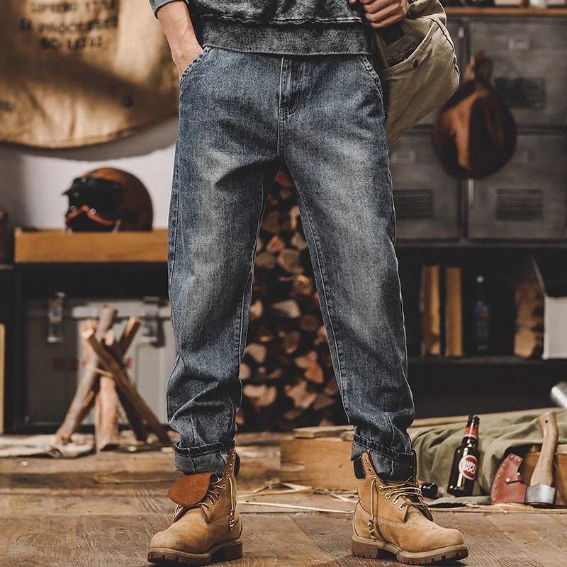 Jieleinuo Herren Amerikanischer Retro Locker Gerade Stein Gewaschene Jeans