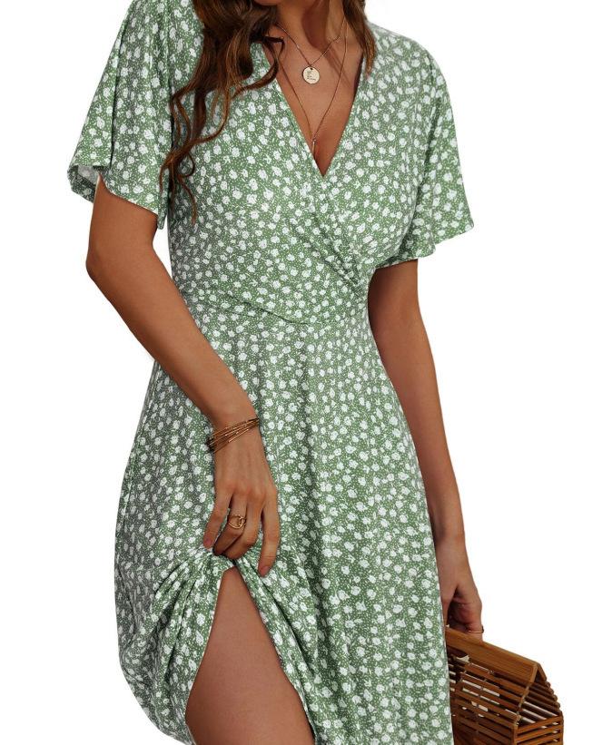 Summer Floral Short Sleeve Wrap V-Neck A Line Midi Dress
