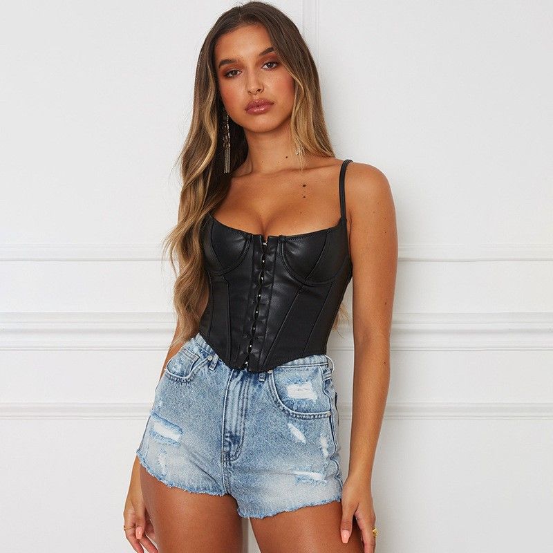 Minimalist Chest Cup Breasted Leather Sling Women's Fashion Fall and Winter Inner Match Sexy Slim-Fit U-Neck Vest