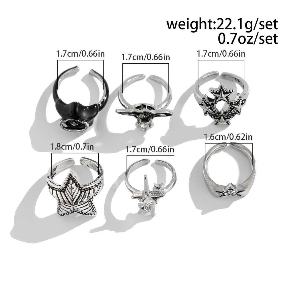 KunJoe 6Pcs/Set Vintage Silver Color Star Open Ring Set for Men Punk Geometric Adjustable Finger Ring Fashion Male Jewelry Gift