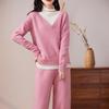 Color-Block Women's Wool Two-Piece Set: High Neck Sweater & Wide-Leg Pants with Faux Collar, Autumn/Winter 2023 Collection