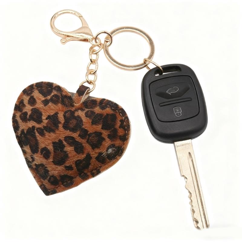 Leopard Print Heart Shaped Keychain with Metal Hook PU Leather Accessory for Fashionable Everyday Carry Item