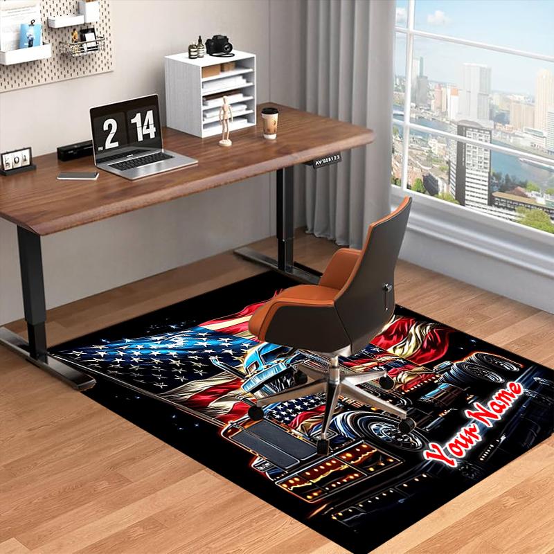1PC Custom Name American Flag Truck Art Theme Floor Mat Ideal for Living Room, Game Rooms, Office, Bedroom, Floor Mat Playful Design