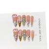Women Long Pointed Press‑On Nails Pure‑Handmade Pink Hand Painted French 3D Engraved False Nail Patches