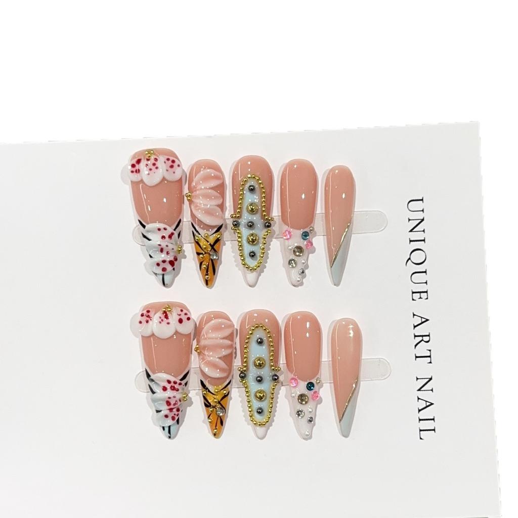 Women Long Pointed Press‑On Nails Pure‑Handmade Pink Hand Painted French 3D Engraved False Nail Patches