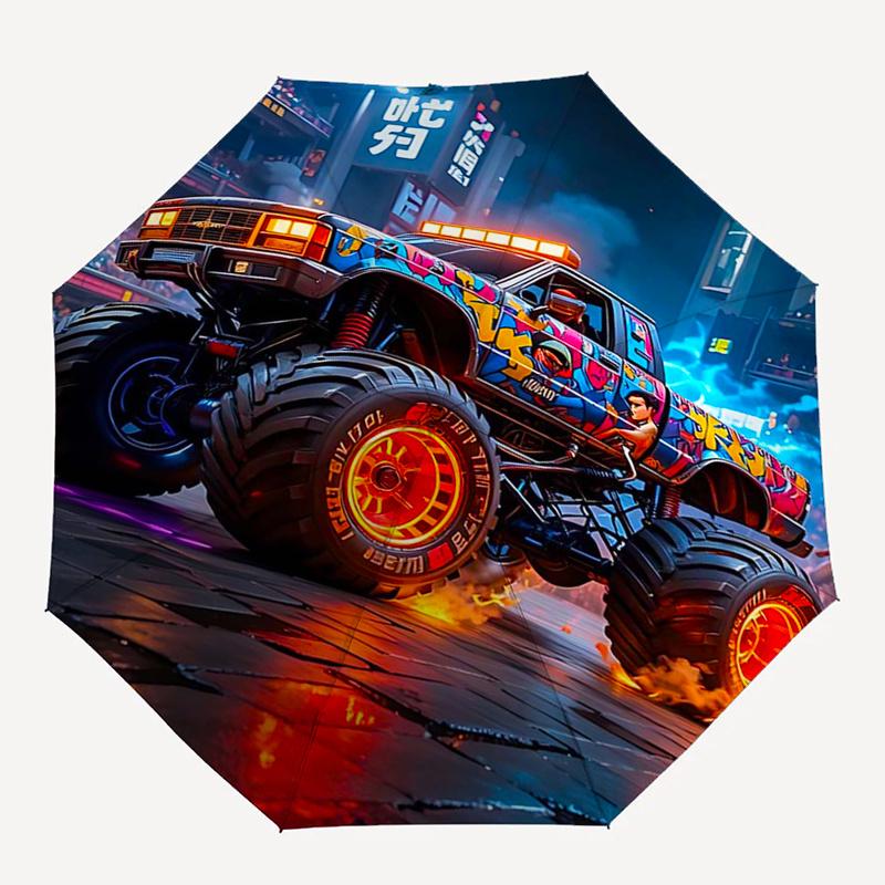 Monster Truck Themen-Reiseregenschirm mit 8 Speichen, Automatisches Öffnen und Schließen, Tragbares faltbares Design, Kompakter und stilvoller Schirm geeignet für