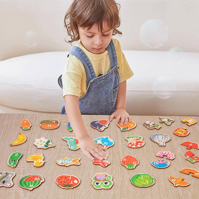 Montessori 3D Wooden Alphabet Puzzle Cartoon Animal Fruit and Vegetable Jigsaw Early Educational Toys Gifts for Toddlers Kids