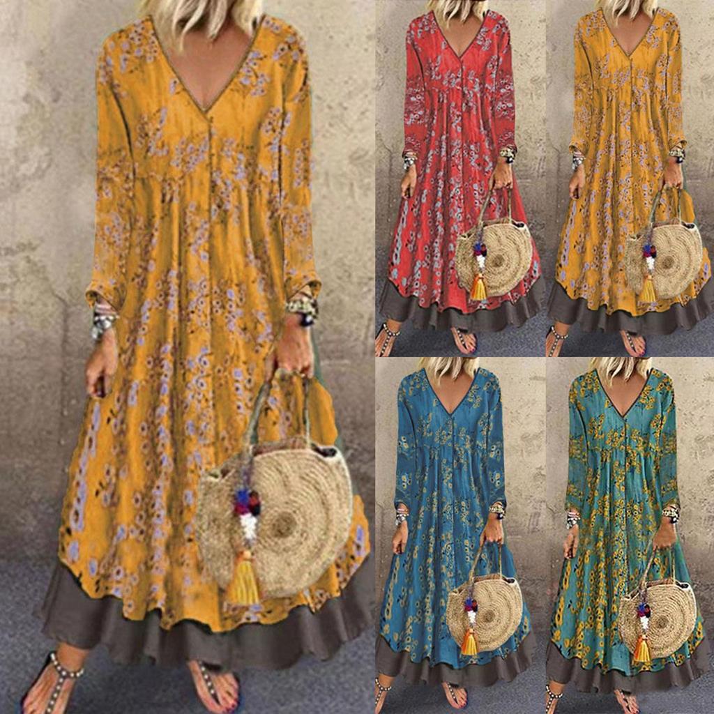 Dámské falešné dvoudílné bavlněné konopné šaty s vintage potištěným výstřihem do V se středním rukávem