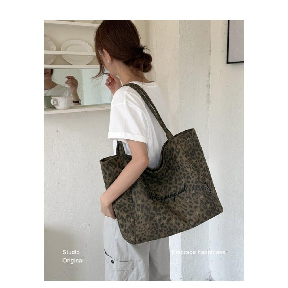 Women Leopard Print Large Capacity Canvas Tote Bag for Daily Casual Use