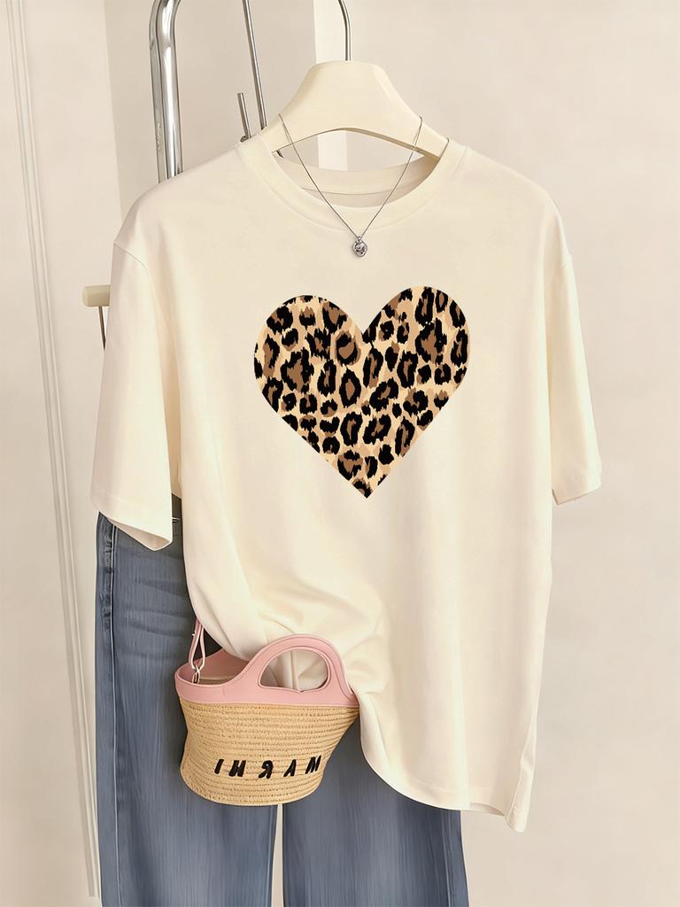 Leopard Heart Shape Printing TShirt Womens Basics Comfortable T Shirts Loose ONeck Short Sleeve Tops Summer Soft Woman Clothes