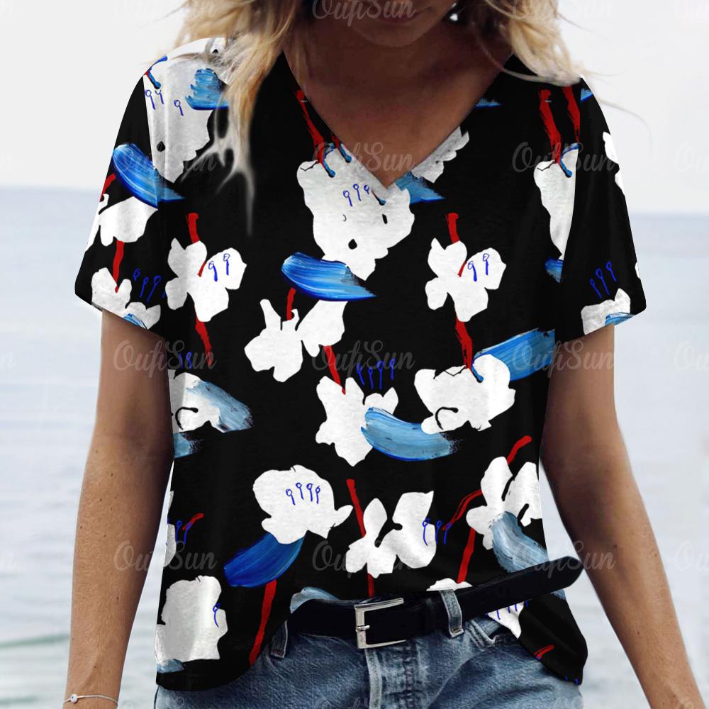 2024 T-Shirt für Damen Floral bedruckte Oberteile Damen Übergröße Kleidung T-Shirts Sommer V-Ausschnitt Oberteile Shirt Original Design T-Shirts