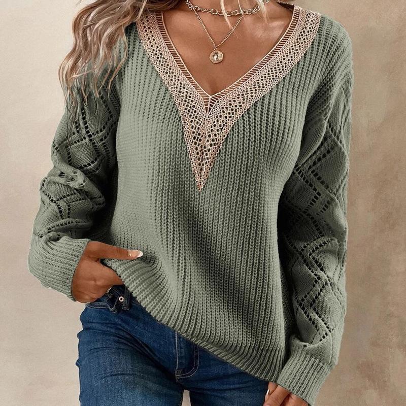 Damen Casual Pullover Ärmel Aushöhlen Gestrickter Pullover Einfarbig V-Ausschnitt Pullover Damen Top