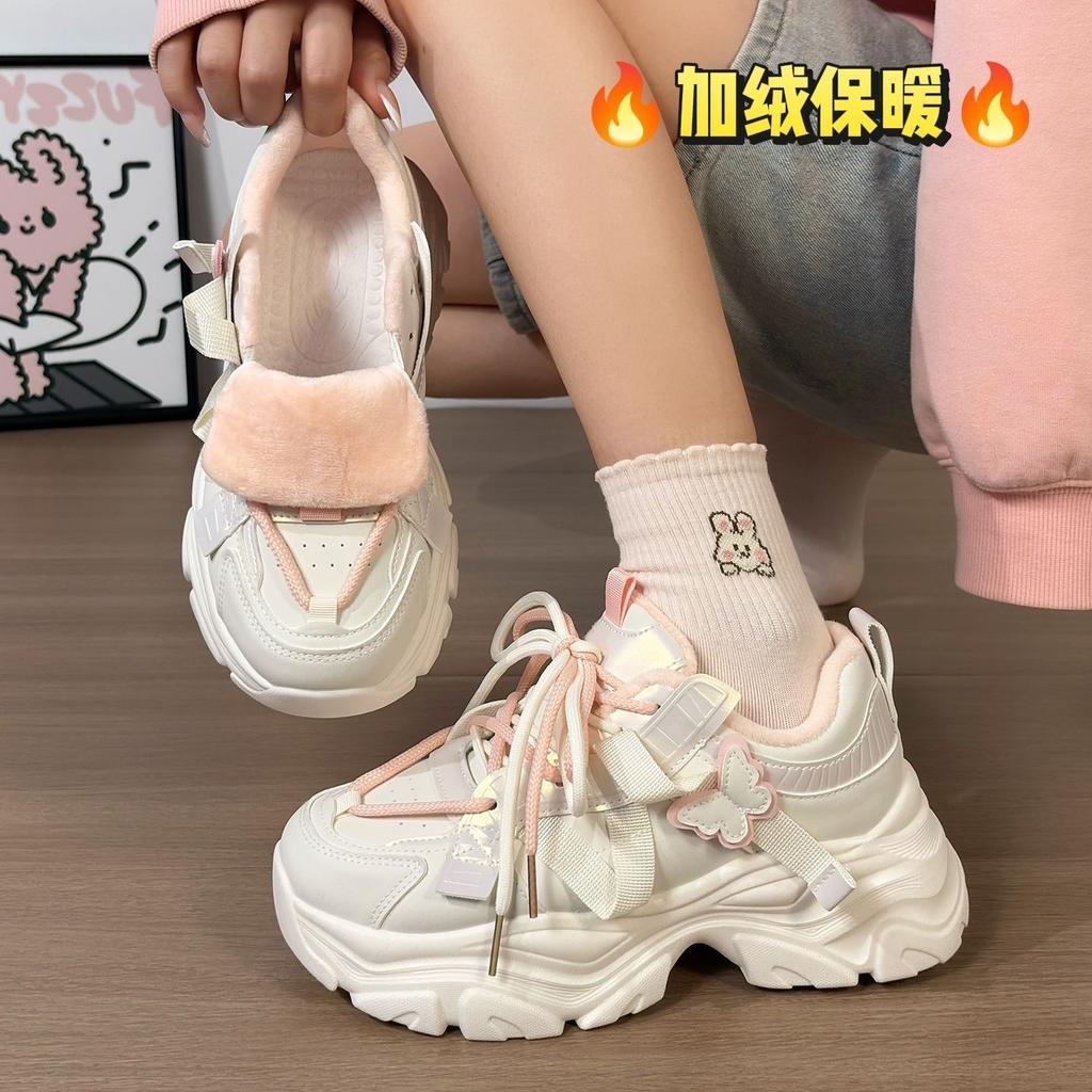 Fleece thickened dad shoes women's thick-soled heightening two cotton shoes versatile student sports shoes