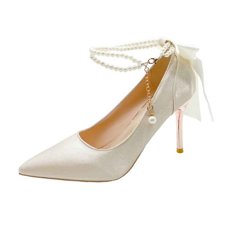 Temperament Satin Stiletto Single Shoes Autumn New Pointed Toe Beaded Bow Slip Slip High Heels 34