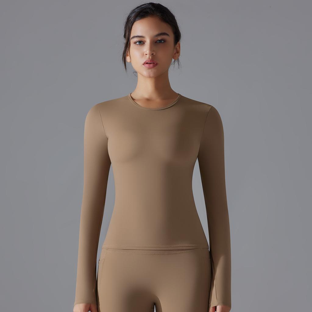 New Double-sided Brushed Solid Color Long Yoga Suit With Long Sleeves, High Elasticity And Breathability For Sports Running